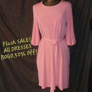 **London Times Midi Dress Belted Puff Sleeve Coral